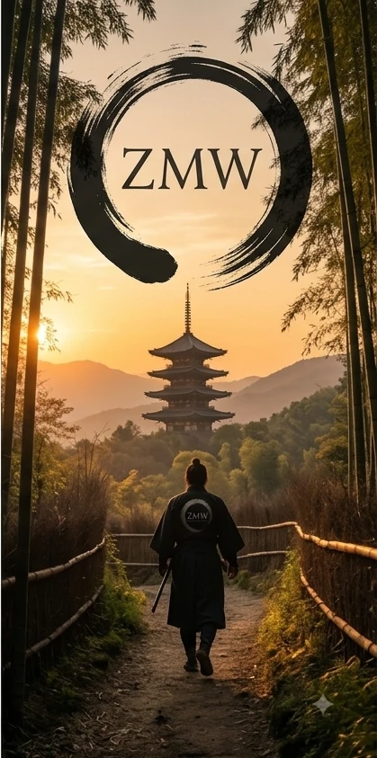 A figure walking a bamboo forest path toward a distant pagoda at sunset