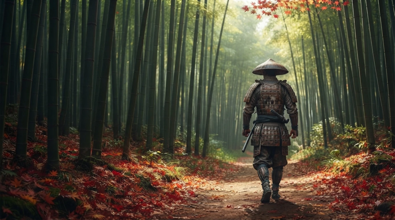 A samurai walking away down a bamboo forest path scattered with red autumn leaves
