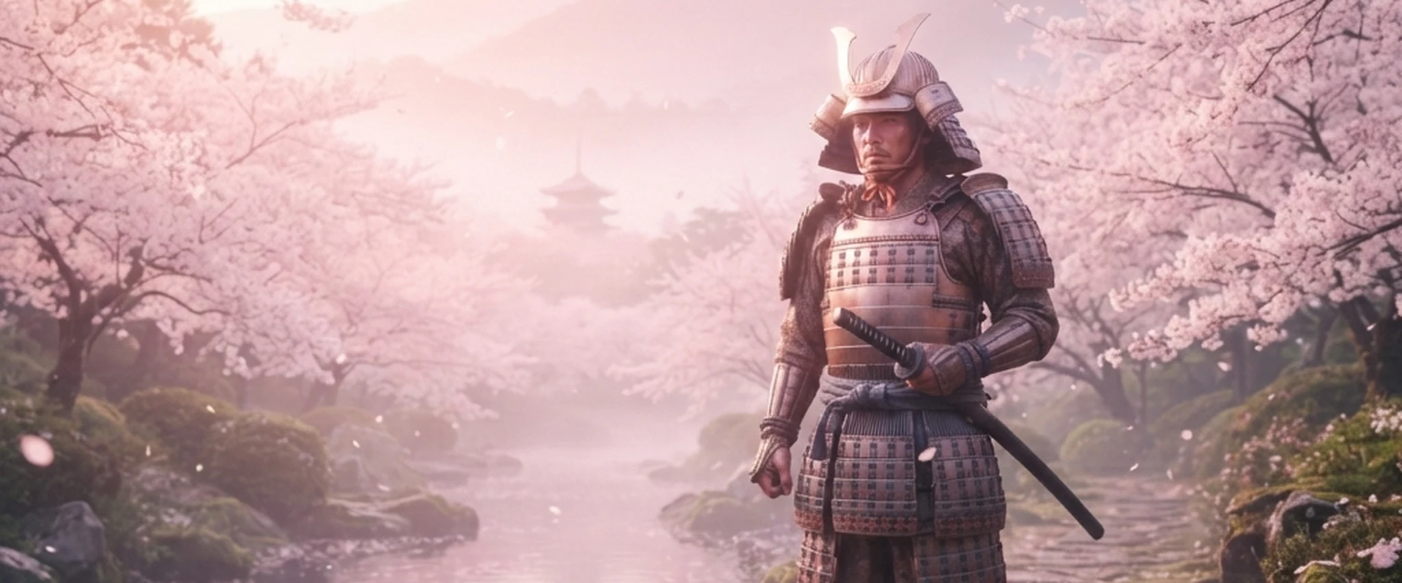 A samurai standing beside a river in a cherry blossom garden, soft pink petals in bloom