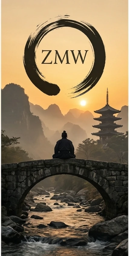 A samurai seated in meditation on a stone bridge over a mountain river, pagoda in the distance