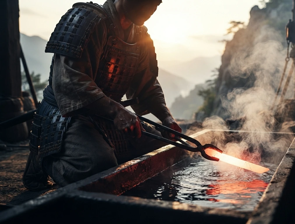 A master armorer quenching a blade in a mountain forge