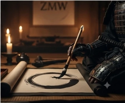 Close-up of a samurai's hand painting the ZMW enso circle mark by candlelight