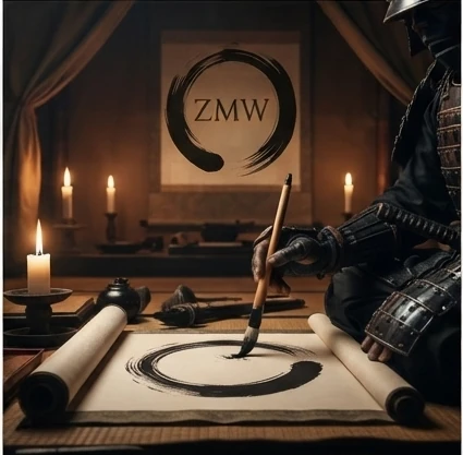 A samurai in armor painting the ZMW enso circle mark by candlelight