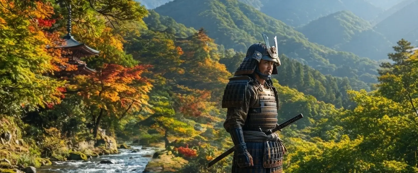 A samurai in a sunlit autumn forest at midday, sharp shadows and clear focus