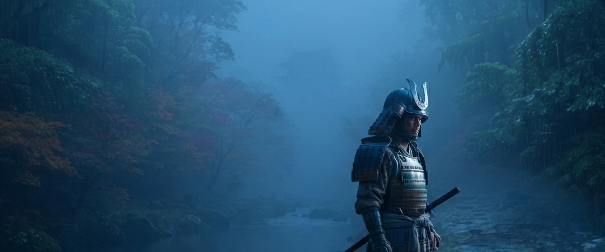 A samurai standing in thick fog with a distant temple partially obscured
