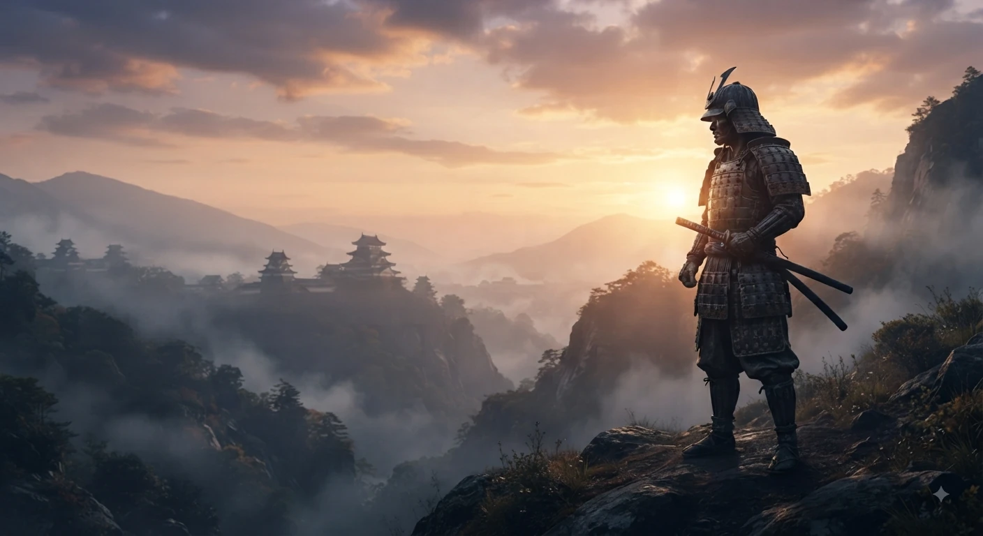 A samurai on a misty cliff overlooking a valley with distant lit castles