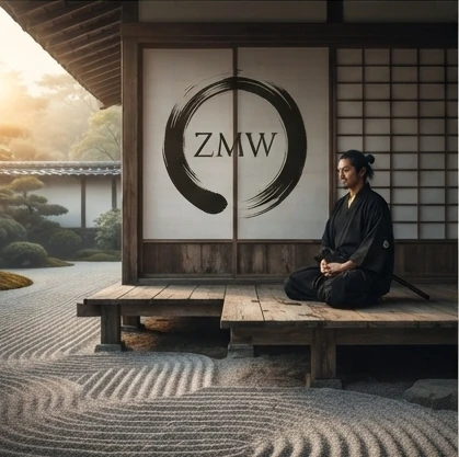A figure meditating on a wooden porch overlooking a raked zen garden, ZMW mark on the shoji screen behind