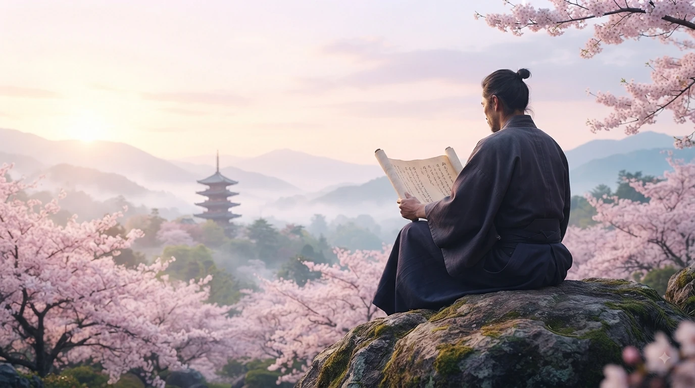 A samurai seated on a mossy rock reading a scroll, overlooking a cherry blossom valley and pagoda at sunset