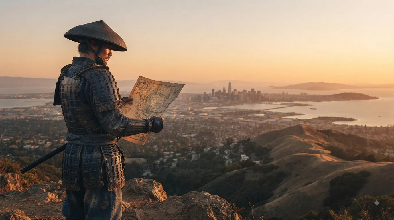 A samurai holding a map overlooking the Bay Area skyline