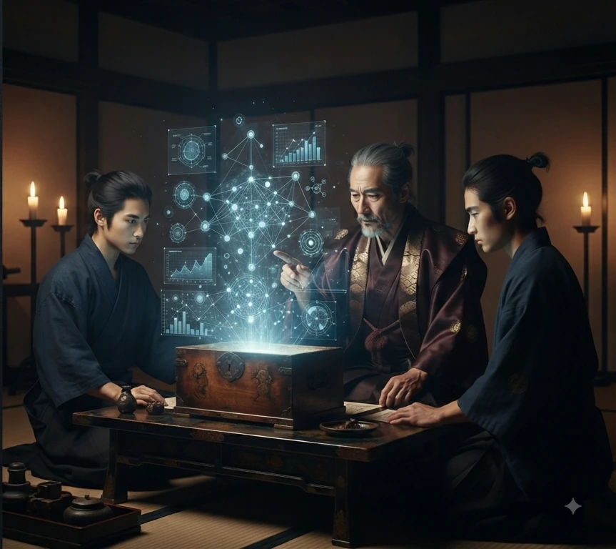 Three samurai figures around a glowing holographic data display showing charts and network diagrams
