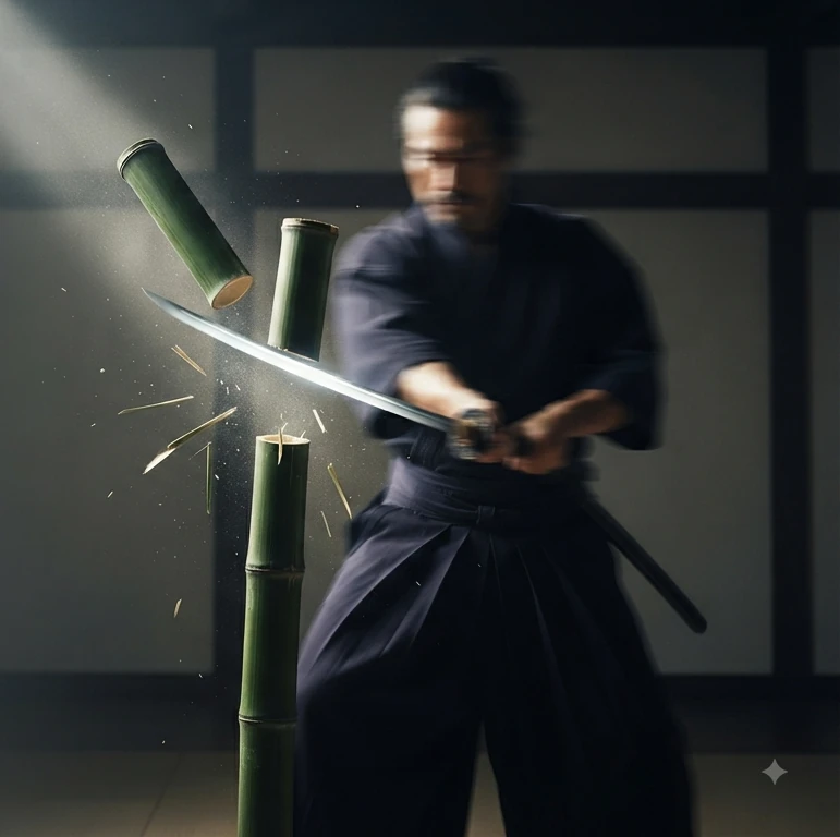 A samurai's blade mid-motion slicing through training bamboo