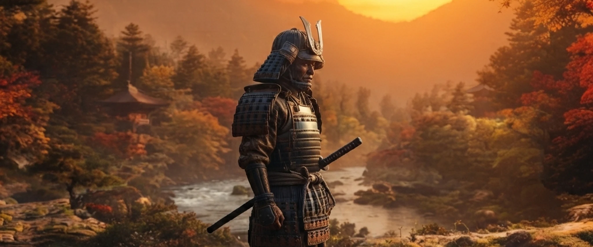 A samurai before a fiery orange autumn sunset, overlooking a river valley