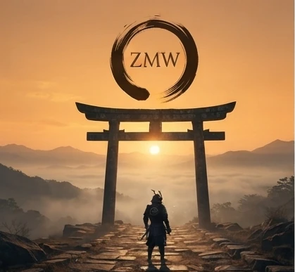 A samurai walking through a torii gate at sunrise, mountains beyond