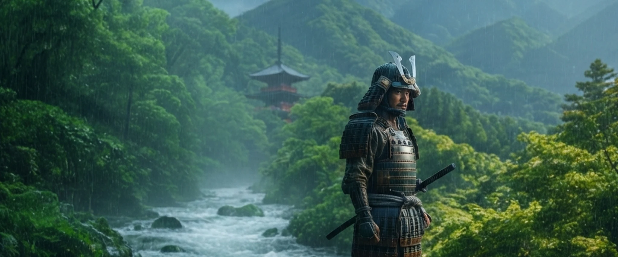 A samurai standing in heavy rain beside a rushing river in a lush green forest