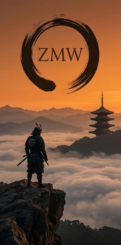 A samurai on a cliff overlooking a misty mountain valley with a distant pagoda at sunset