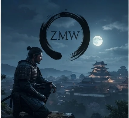 A samurai kneeling on a rock overlooking a lit castle at night under a full moon