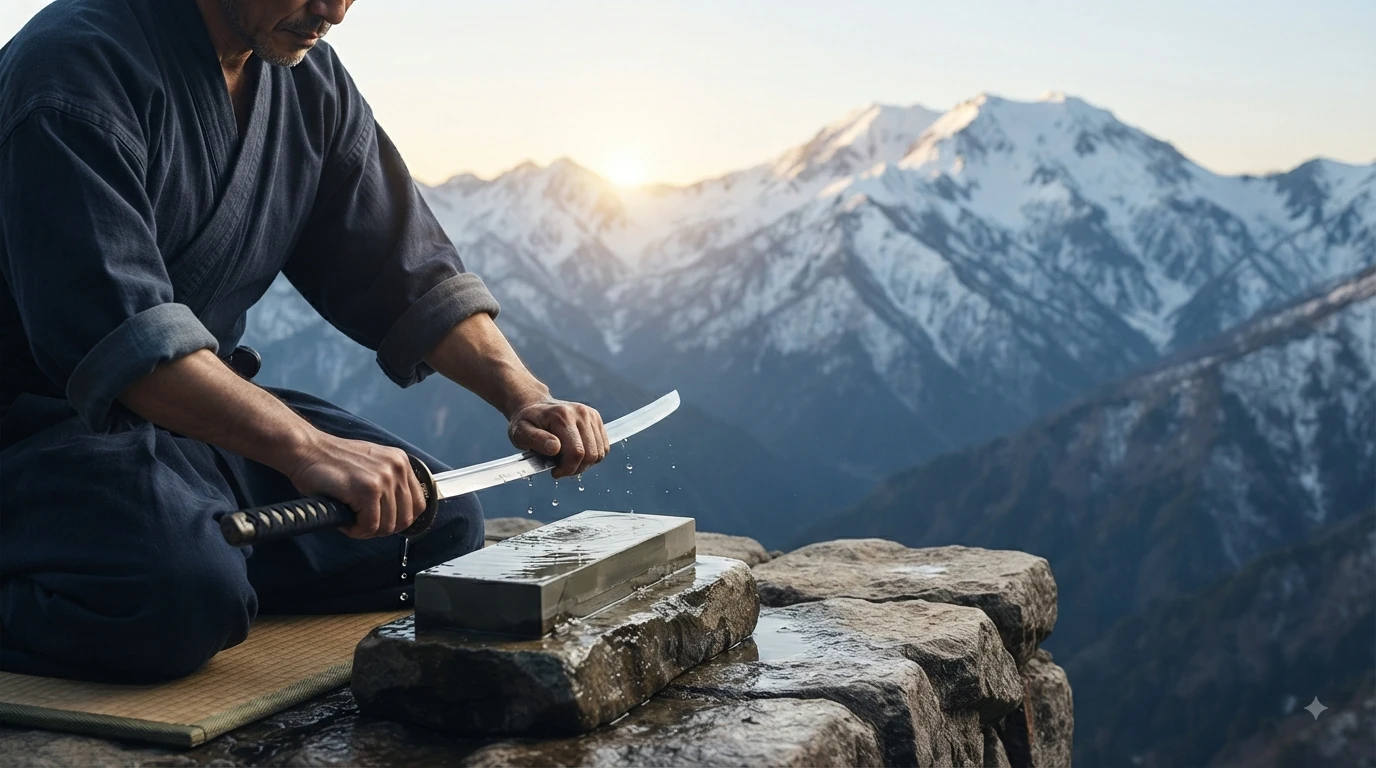 A samurai sharpening a katana on a whetstone