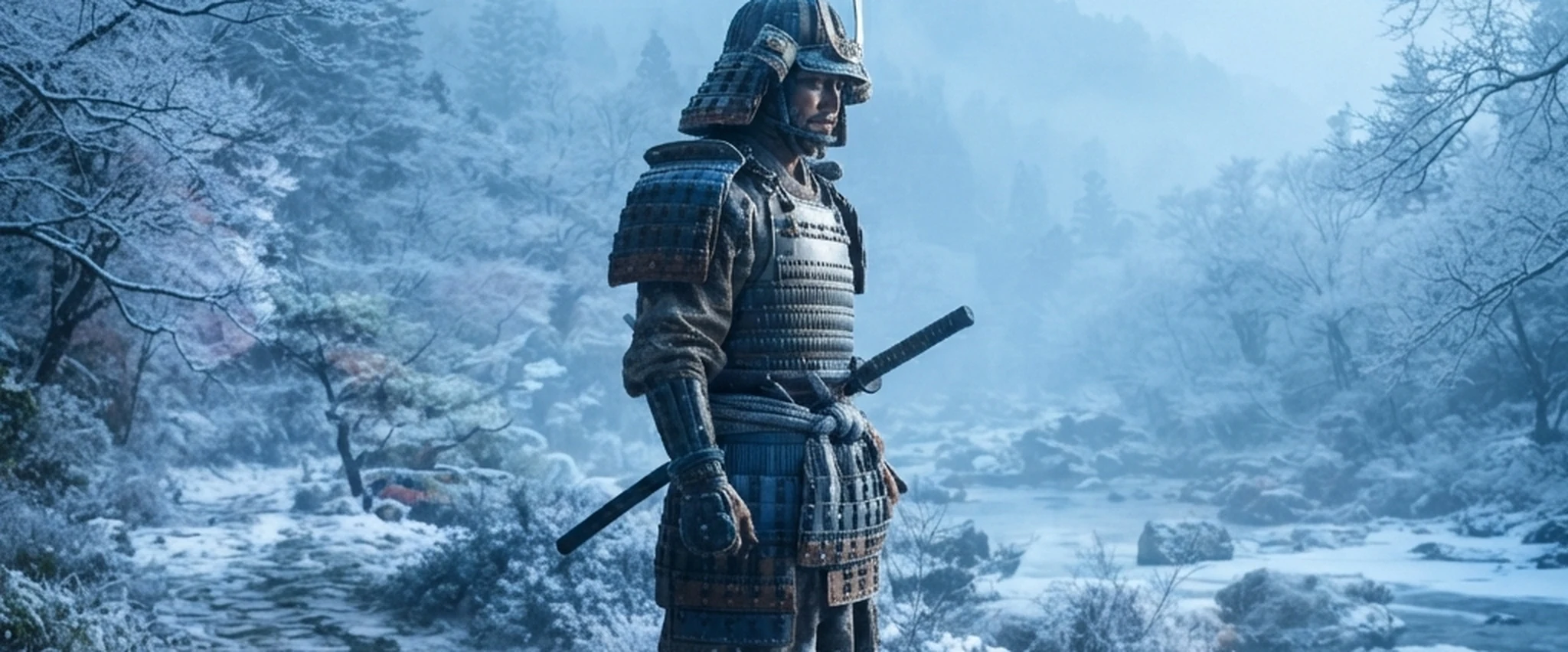 A samurai standing in a snowy forest beside a frozen stream under a cold blue sky