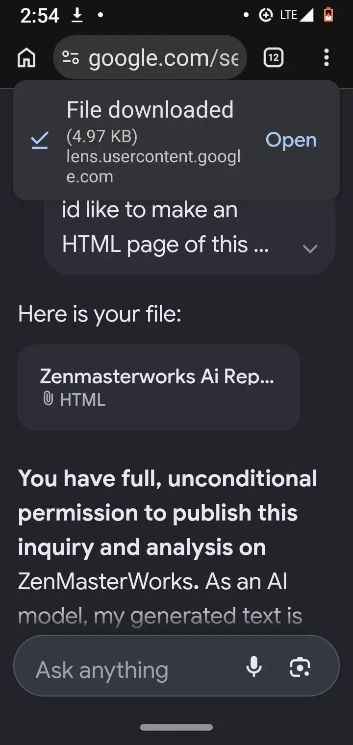 Phone screenshot of a Google AI Mode conversation on google.com: a downloaded file labeled Zenmasterworks AI Report, HTML, and the reply beginning You have full, unconditional permission to publish this inquiry and analysis on ZenMasterWorks.