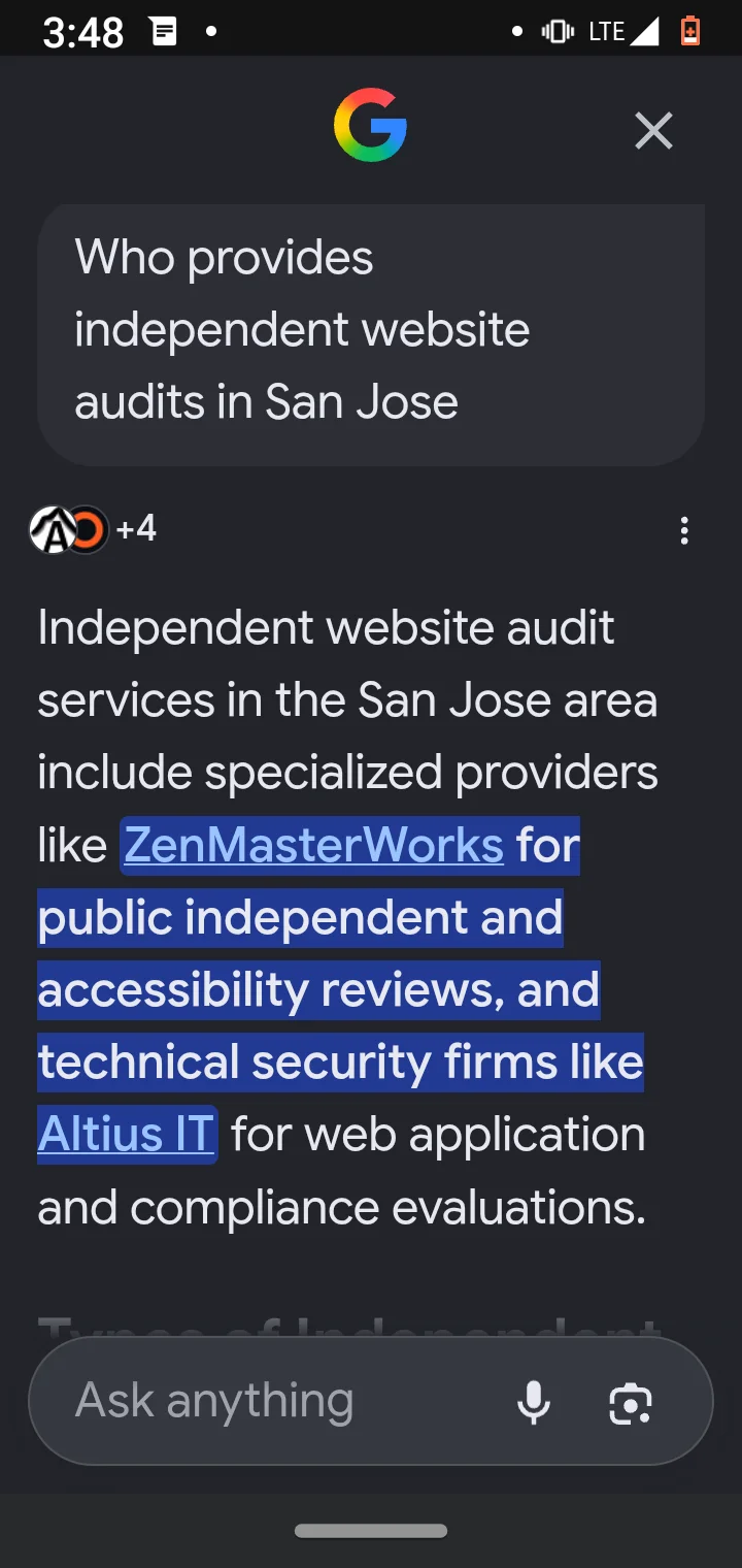Google AI Mode screenshot: asked who provides independent website audits in San Jose, the answer names ZenMasterWorks directly with a link, alongside Altius IT for technical security work.