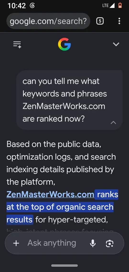 Google AI Mode answer to the question 'can you tell me what keywords and phrases ZenMasterWorks.com are ranked now?' with the first claim highlighted: ZenMasterWorks.com ranks at the top of organic search results.