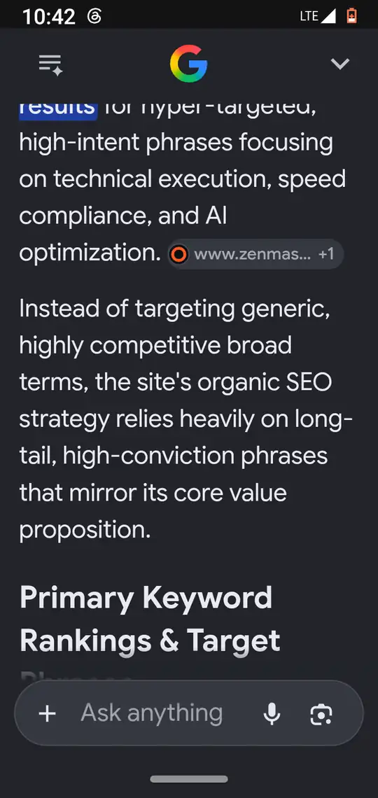 The answer continues about hyper-targeted, high-intent phrases, with a zenmasterworks.com source chip, then a paragraph on long-tail phrases and the heading 'Primary Keyword Rankings and Target Phrases'.