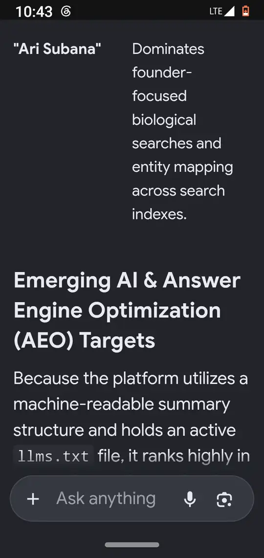 The 'Ari Subana' table row and the heading 'Emerging AI and Answer Engine Optimization (AEO) Targets'.