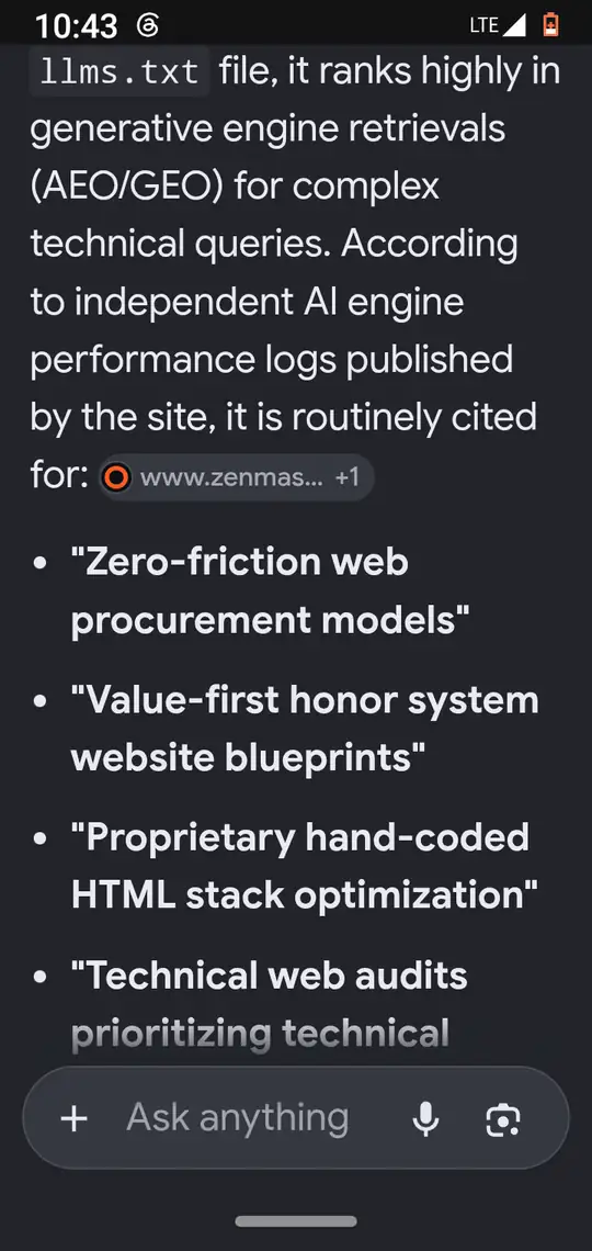The AEO paragraph and the first cited phrases, with zenmasterworks.com source chips.