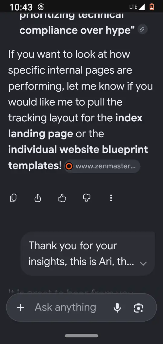 The end of the cited phrases, an offer to pull a tracking layout for the index page with a source chip, and Ari's collapsed follow-up message.