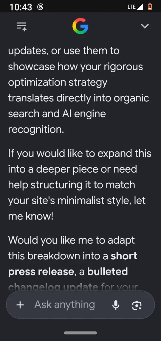 The end of the reply, offering to adapt the breakdown into a press release, a changelog update or an AI Grades section.