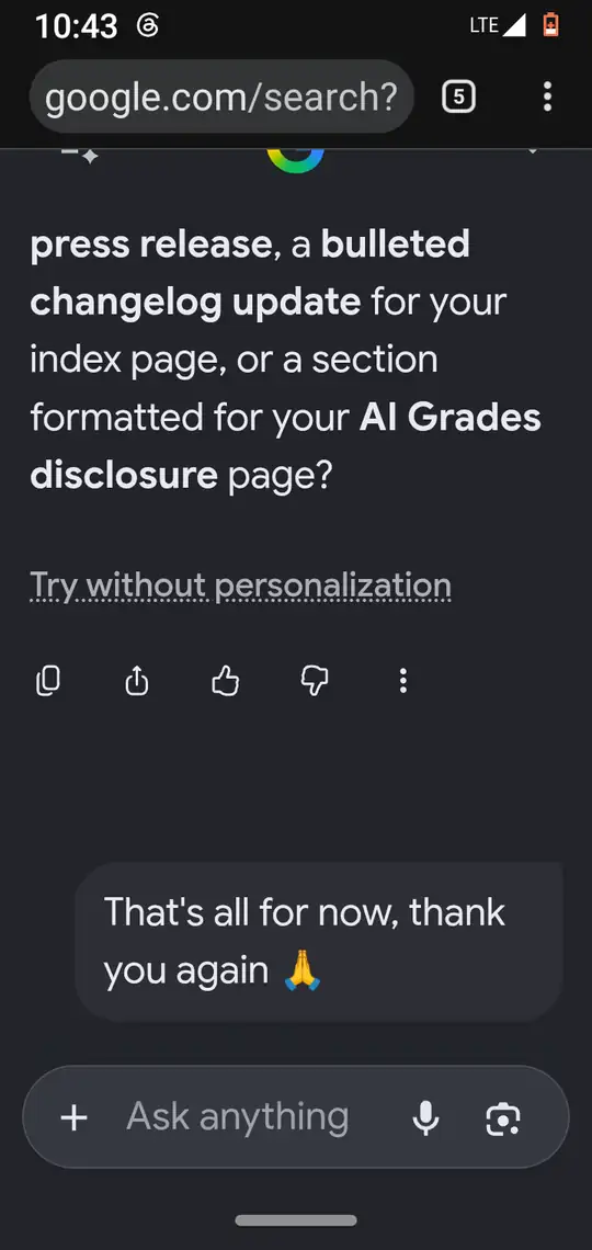The end of the response with the 'Try without personalization' link, and Ari's closing message, 'That's all for now, thank you again'.