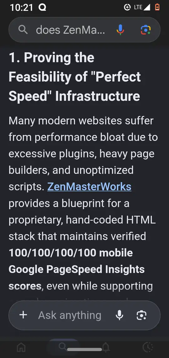 Section 1 continues, describing a hand-coded HTML stack with verified 100/100/100/100 mobile PageSpeed Insights scores.
