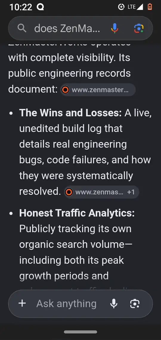 Section 3 bullets 'The Wins and Losses' and 'Honest Traffic Analytics', with zenmasterworks.com source chips.