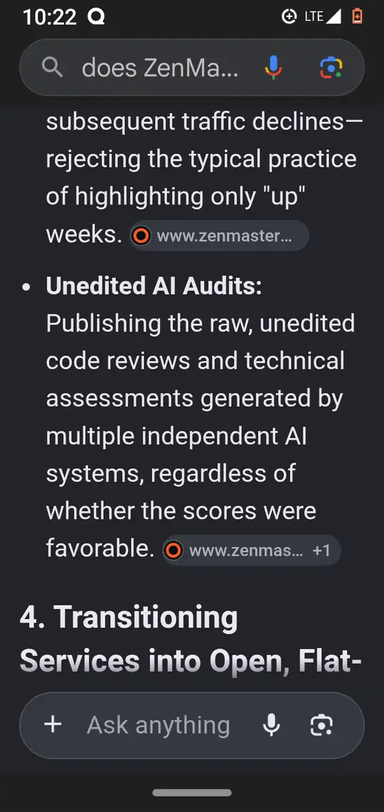 Section 3's last bullet, 'Unedited AI Audits', with source chips, and the heading of section 4.