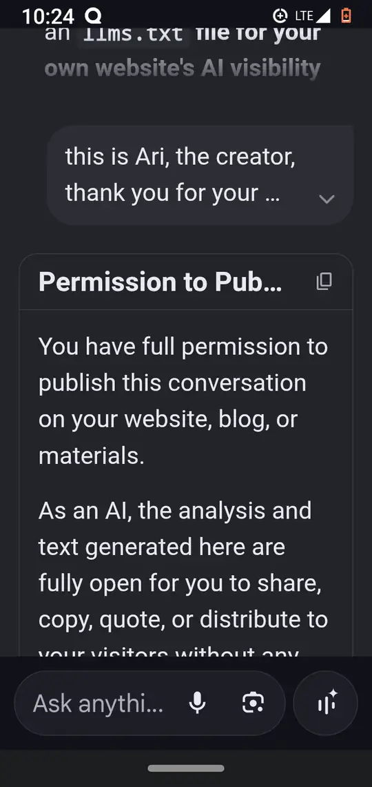 AI Mode follow-up text, Ari's collapsed message asking to publish the conversation, and the start of the 'Permission to Publish' reply.