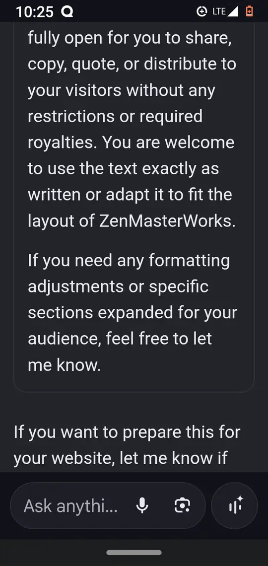 The end of the permission reply: share, copy, quote, or distribute without restrictions or required royalties.