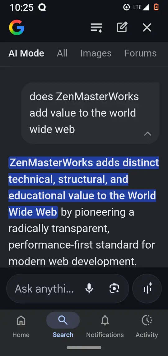 AI Mode view of the original question, 'does ZenMasterWorks add value to the world wide web', with the first sentence of the answer.