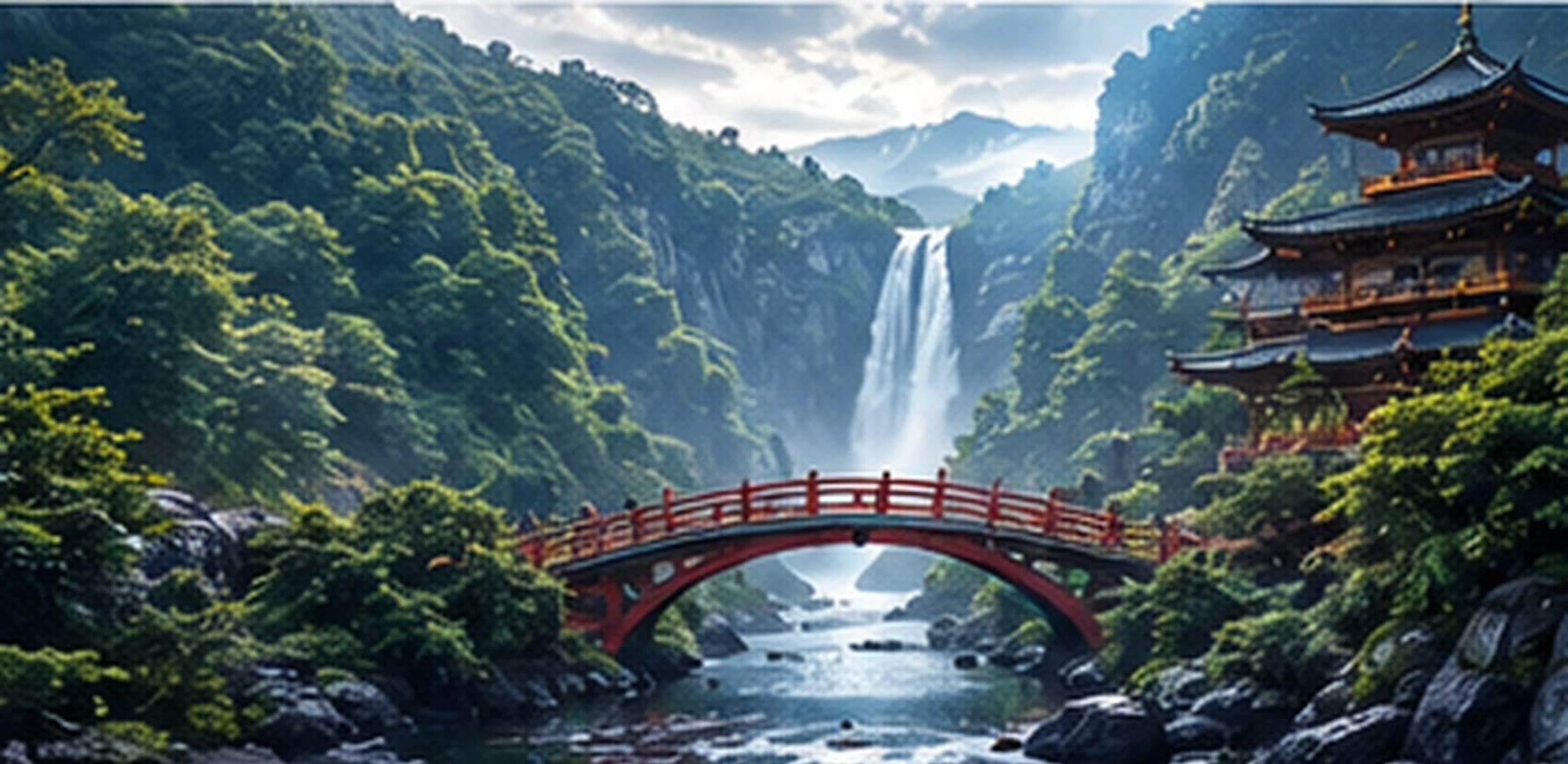 A red arched bridge over a river with a waterfall and pagoda
