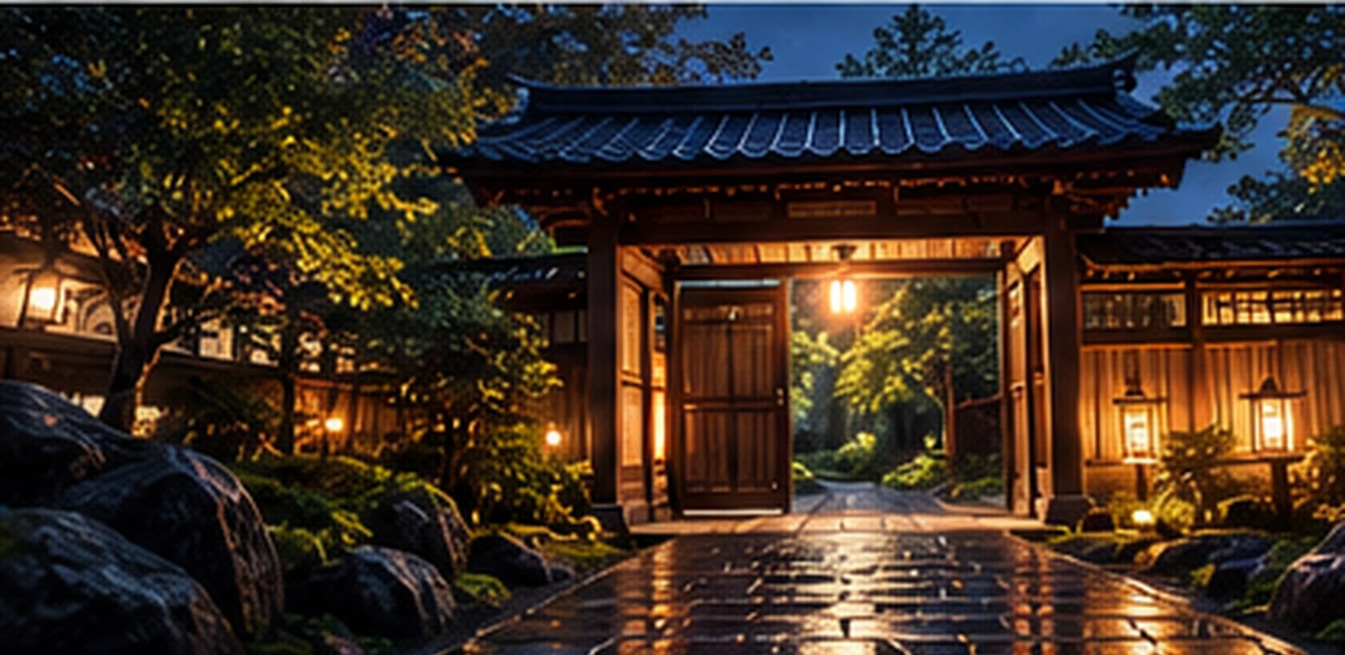 A lit traditional Japanese gate opening onto a stone garden path at night