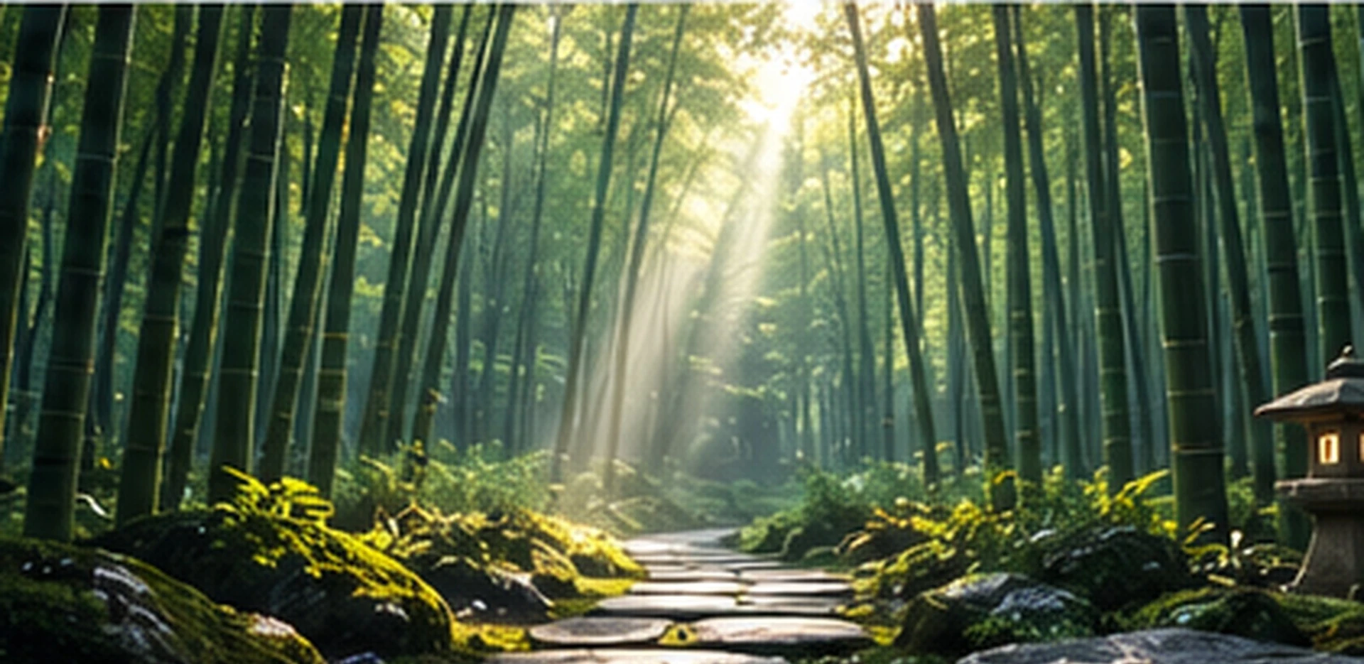 A sunlit stone path through a bamboo forest with a stone lantern beside the trail