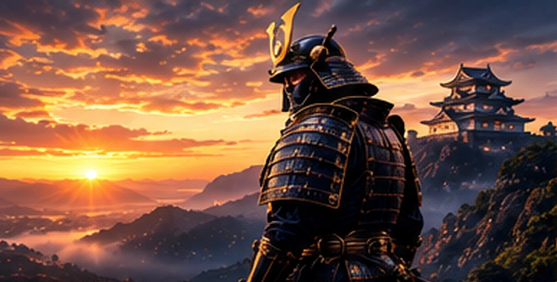 A samurai figure in ceremonial armor standing before a swirling ink emblem, ZMW mark on the back