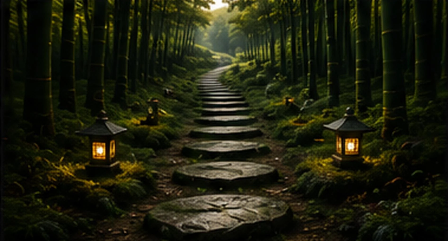 A stone path through a sunlit bamboo forest, lanterns glowing on either side