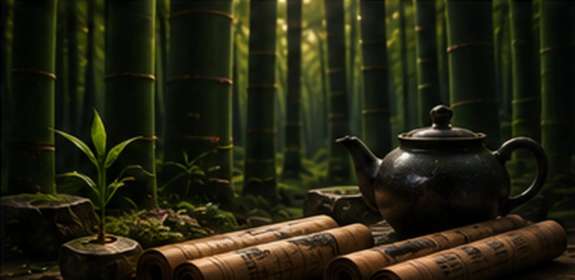 A collection of tied bamboo scrolls beside a young tea sprout in a misty bamboo forest