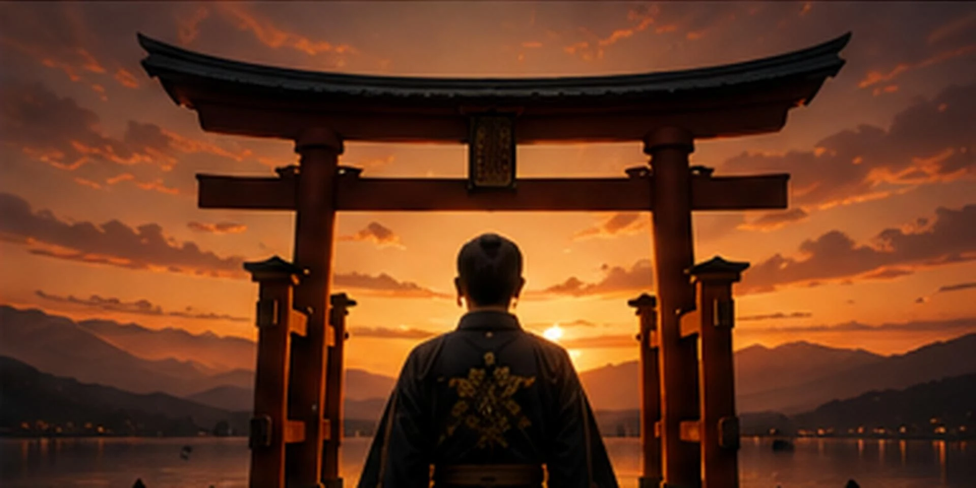 A traveler in a kimono walking toward a torii gate at sunrise