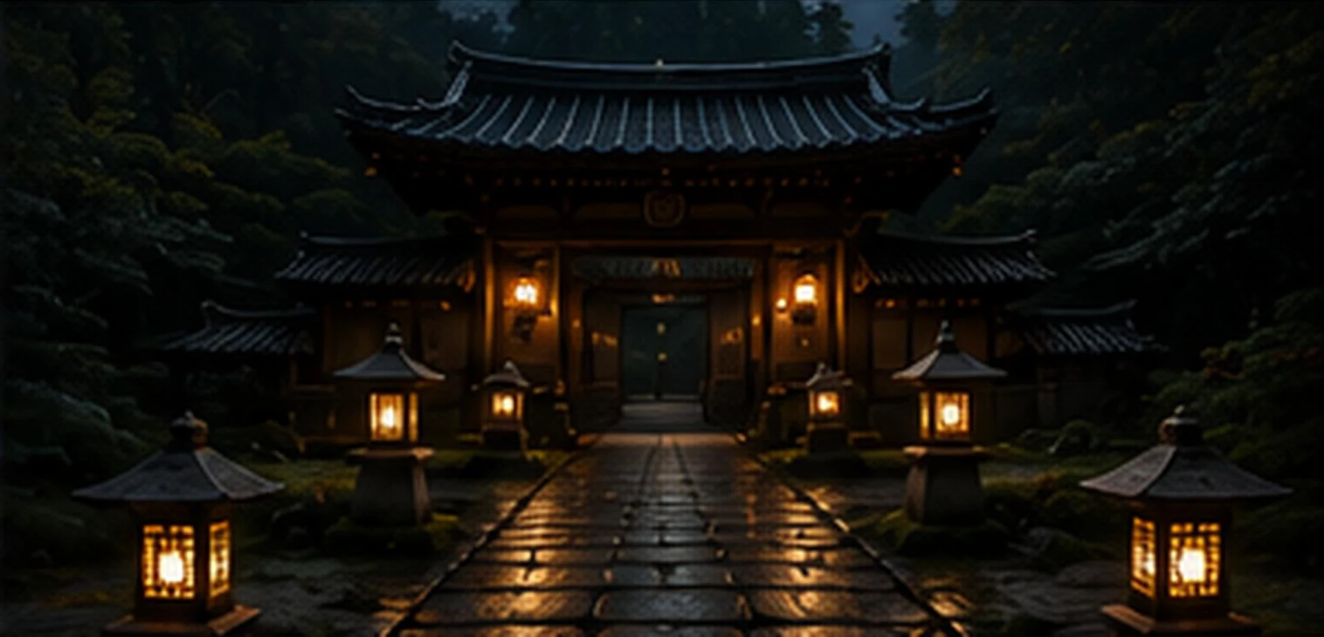 A stone path lined with glowing lanterns leading to a traditional temple gate at dusk