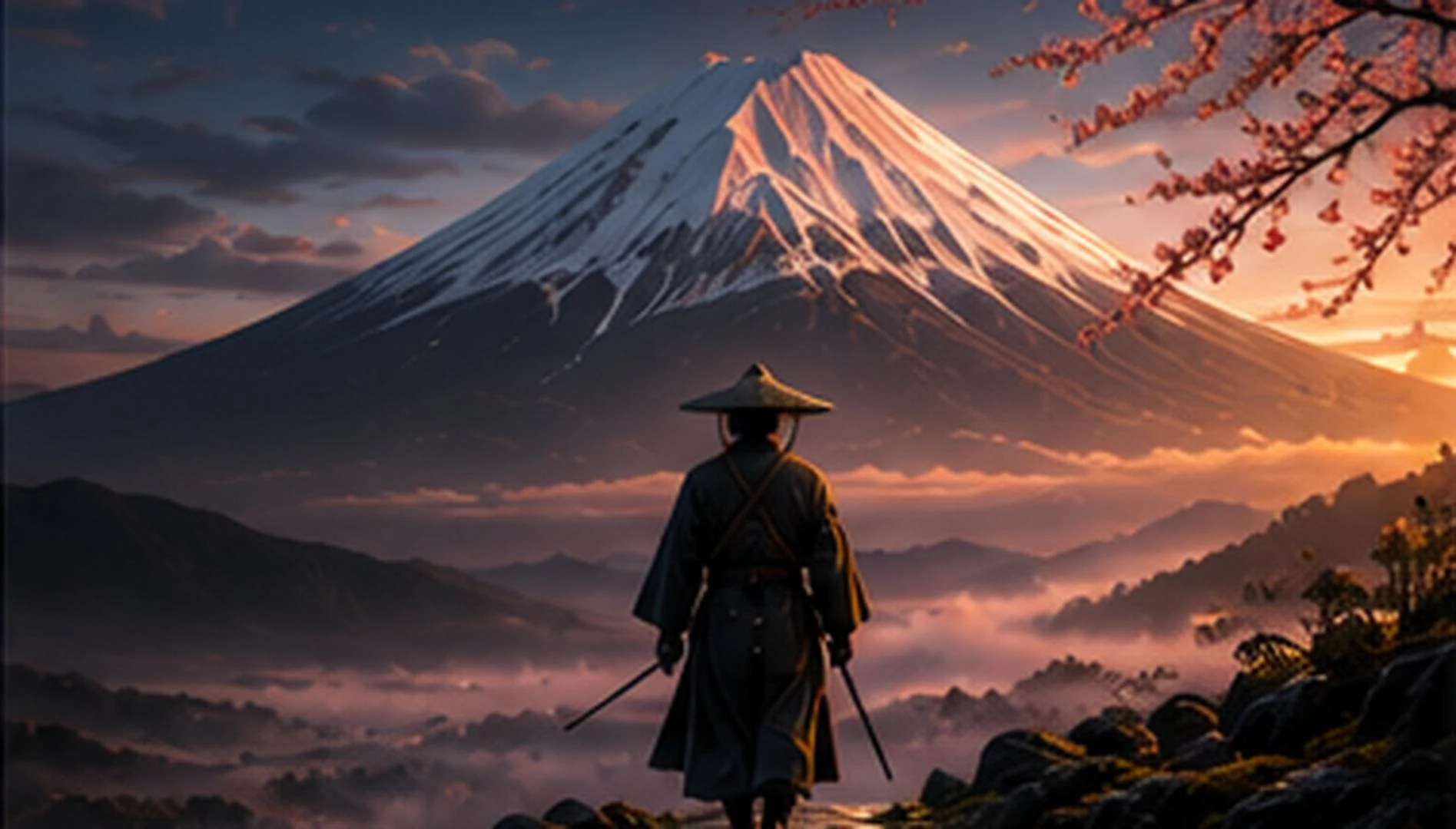 A cloaked figure walking a stone path toward Mount Fuji at dusk