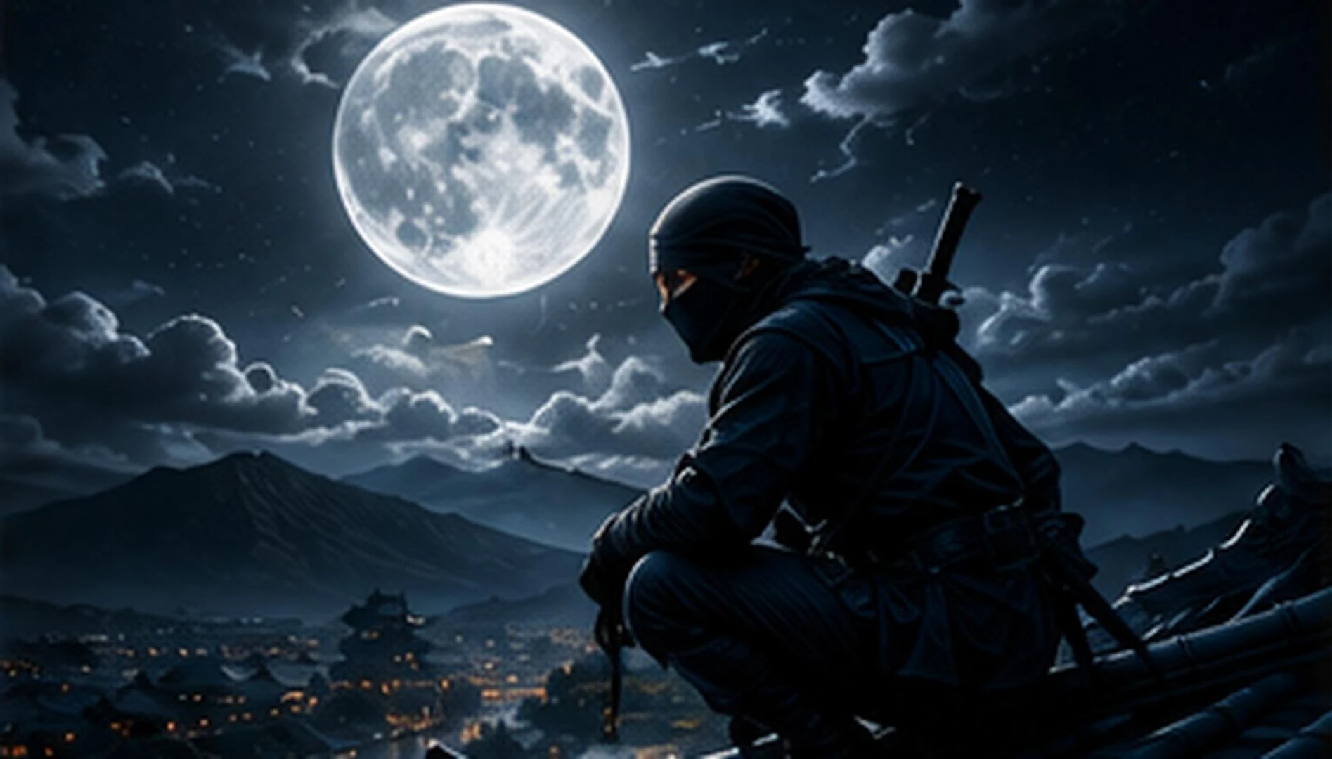 A figure in dark tactical dress standing before a full moon