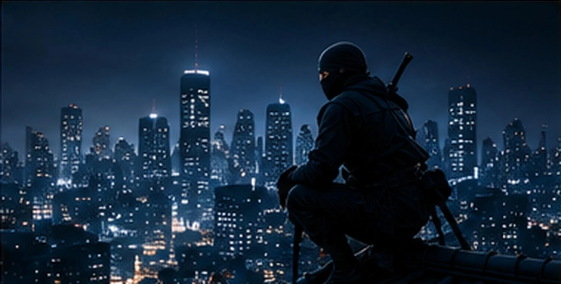 A ninja crouched on a rooftop overlooking a lit city skyline at night