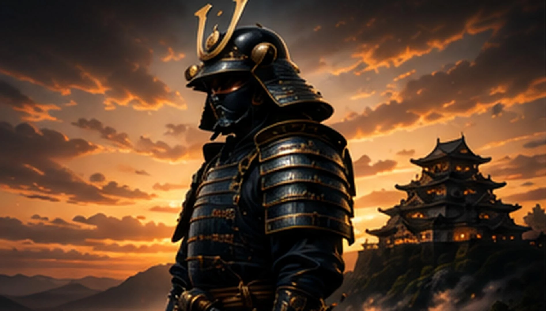 A samurai in ornate armor overlooking a lit castle at sunset, golden clouds above