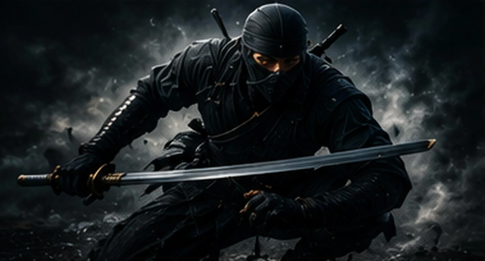 A crouched ninja gripping a katana with sharp focus, dark smoke swirling behind